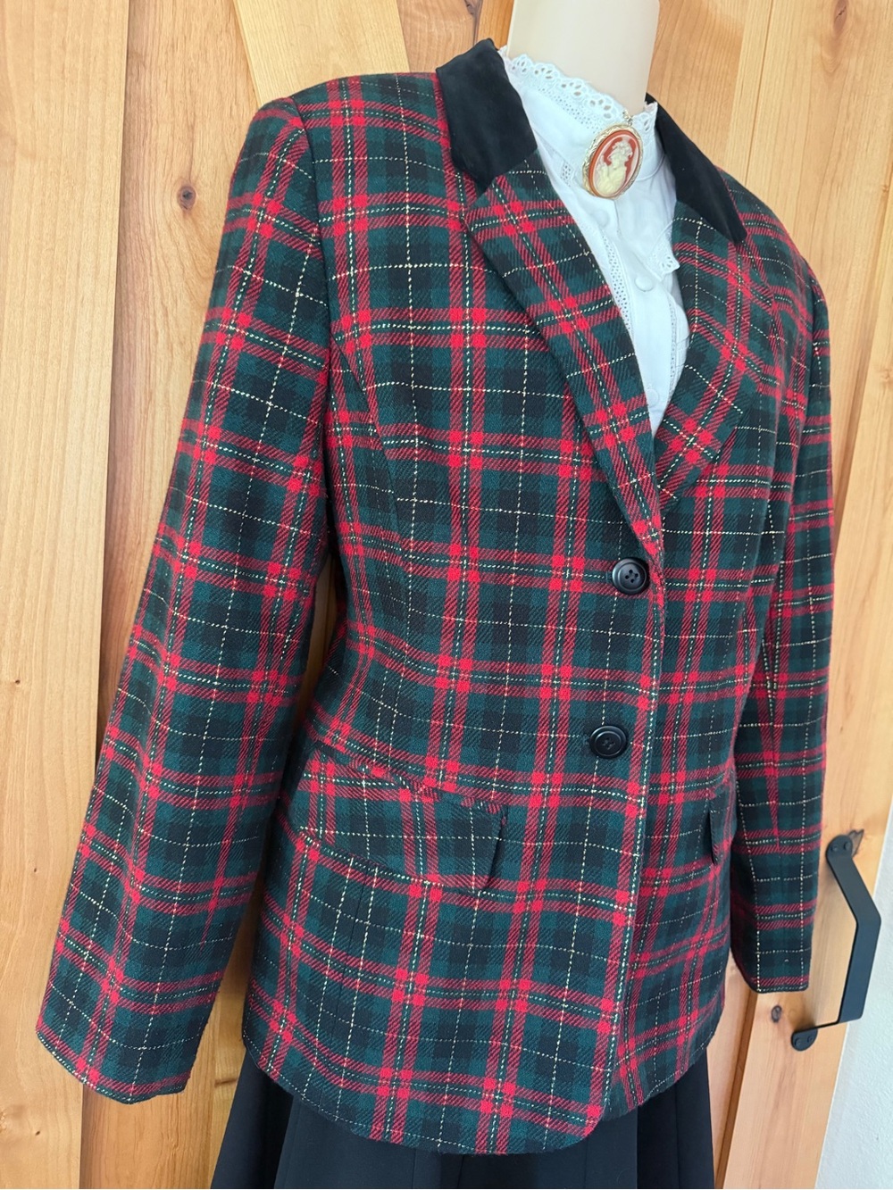 Vintage 90s Tartan Plaid Wool Blazer Red Green Holiday Preppy Equestrian 12 - Picture 3 of 12